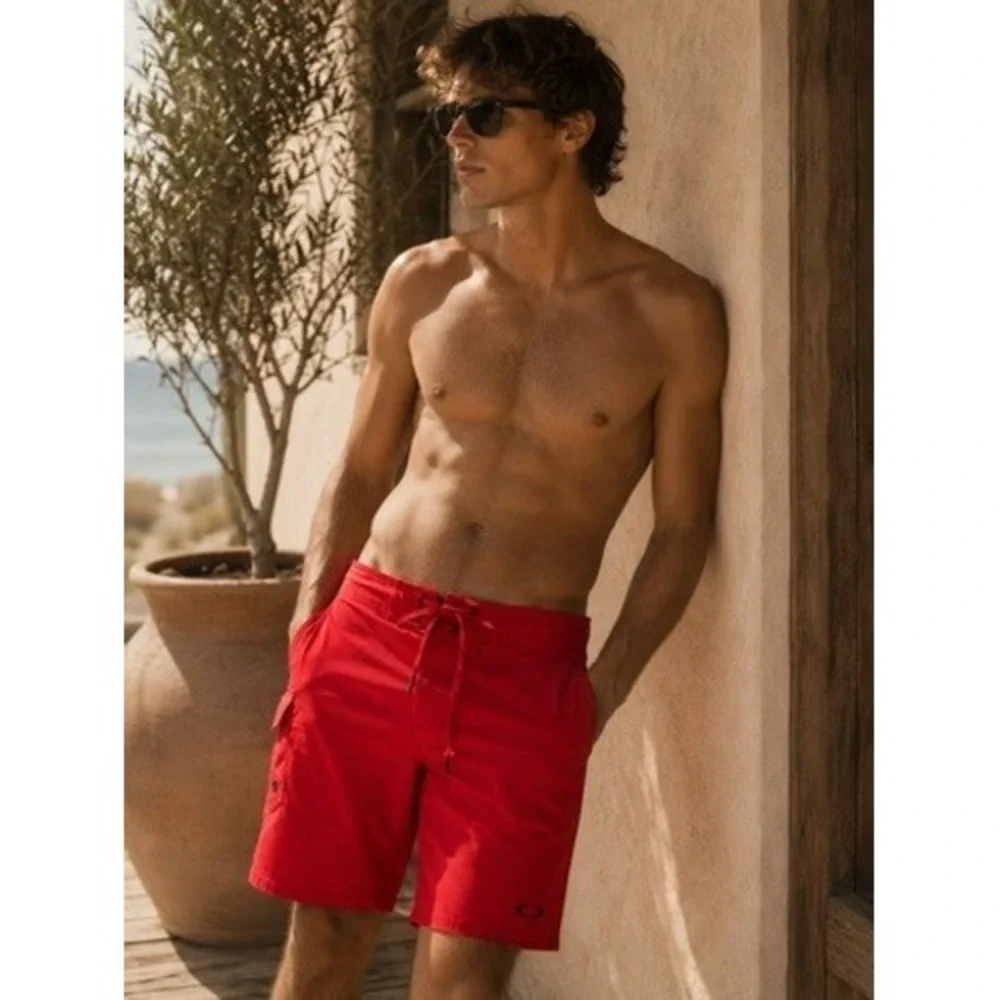 Oakley Mens Red Regular Fit Board Shorts Swim Trunks Size 32 Cargo Pocket